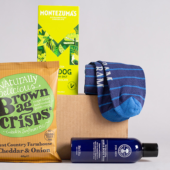 Father's Day Gift Box with bamboo socks, body and hair wash, chocolate & crisps